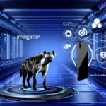 A hyena-inspired AI-powered mobile device with cutting-edge capabilities, surrounded by a futuristic, technologically-advanced landscape.