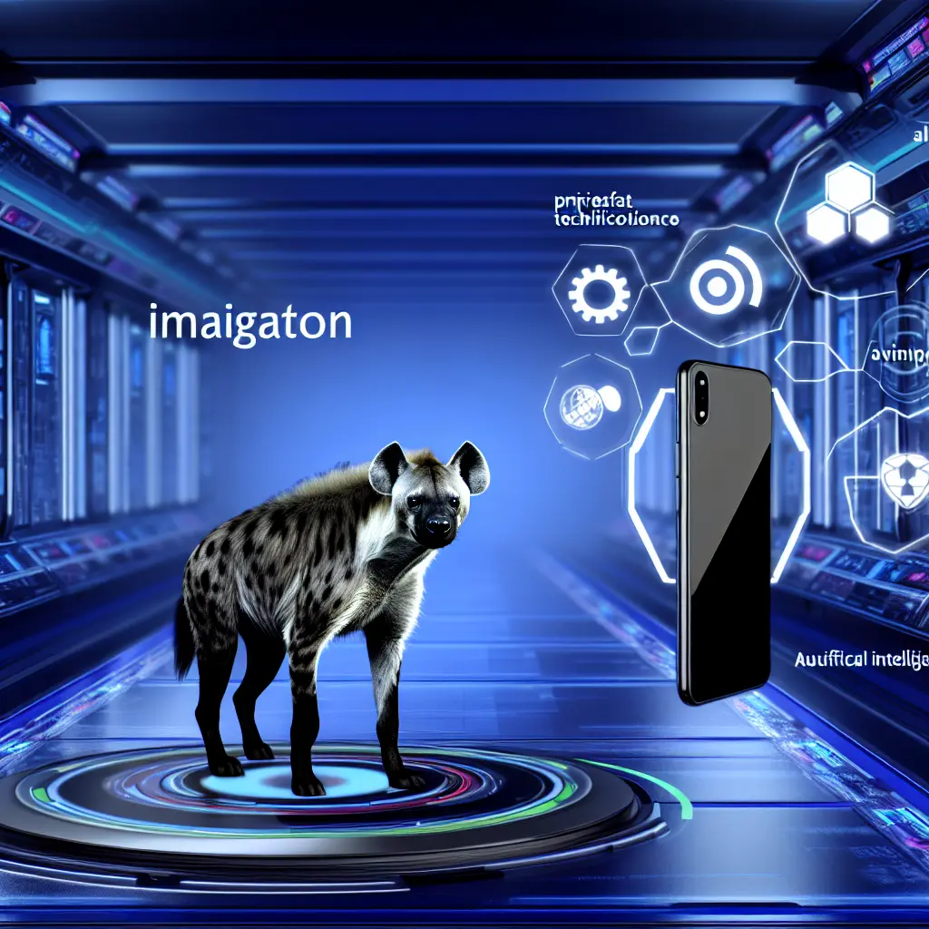 A hyena-inspired AI-powered mobile device with cutting-edge capabilities, surrounded by a futuristic, technologically-advanced landscape.