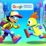 "Two colorful, cartoon-style characters from the mobile games Subway Surfers and Crossy Road engage in a playful, yet competitive, battle surrounded by a futuristic, AI-powered landscape, with the logos of Google and OpenAI prominently displayed in the background."