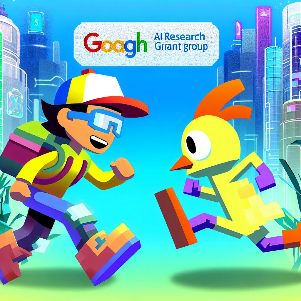 "Two colorful, cartoon-style characters from the mobile games Subway Surfers and Crossy Road engage in a playful, yet competitive, battle surrounded by a futuristic, AI-powered landscape, with the logos of Google and OpenAI prominently displayed in the background."