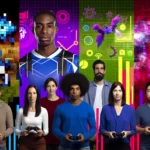A group of diverse people, each representing a different aspect of the gaming industry, standing together and facing the camera, with a backdrop of pixelated video game assets and financial data visualizations, without any text.