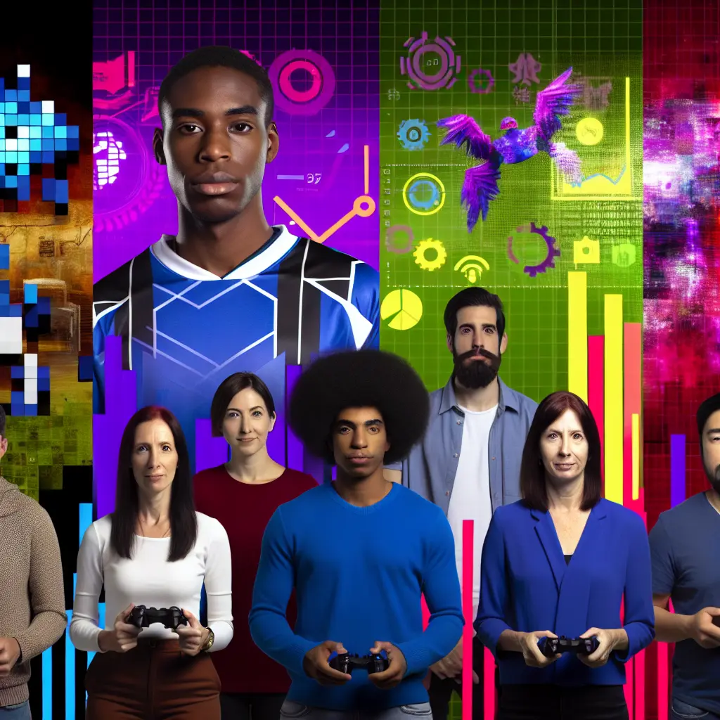 A group of diverse people, each representing a different aspect of the gaming industry, standing together and facing the camera, with a backdrop of pixelated video game assets and financial data visualizations, without any text.